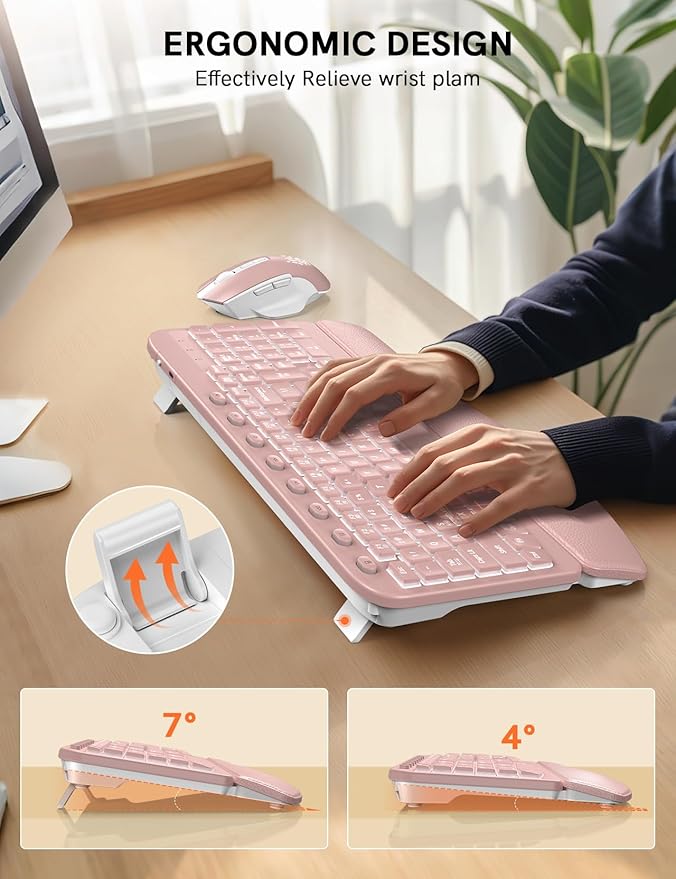 SABLUTE Ergonomic Wireless Keyboard and Mouse Combo - Wave Keyboard with Soft Leather Wrist Rest, Resistant Keys, RGB Backlit Rechargeable Set for PC/Mac/Chromebook (Pink)