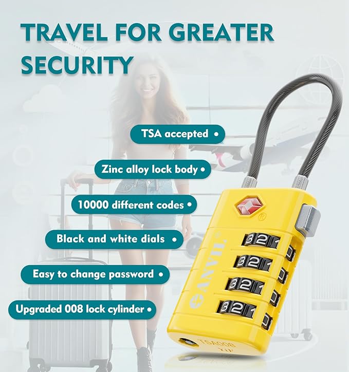 ANVIL 4 Digit Luggage Locks, TSA Locks for Luggage, Advanced TSA008 core, Alert Indicator for Your Travel Lock, Suitcase Lock. (4, Yellow)