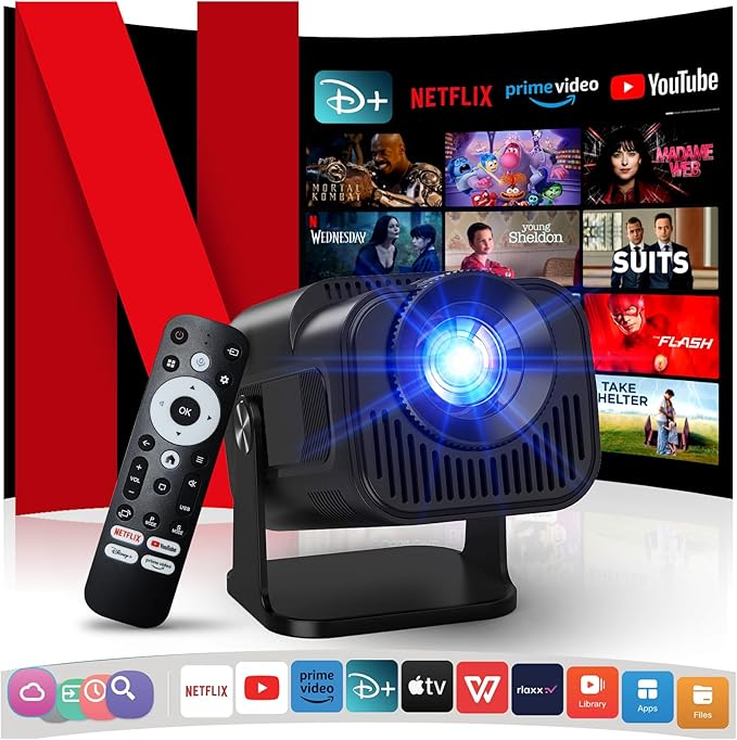 [NetfIix Official/Stereo Speakers] 4K Projector with Wifi and Bluetooth, 1080P Native Mini Projector Portable, One-Click Use Built-in NetfIix/YouTube/PrimeVideo/D+, Smart Home Outdoor Projector