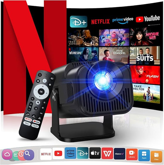 [NetfIix Official/Stereo Speakers] 4K Projector with Wifi and Bluetooth, 1080P Native Mini Projector Portable, One-Click Use Built-in NetfIix/YouTube/PrimeVideo/D+, Smart Home Outdoor Projector