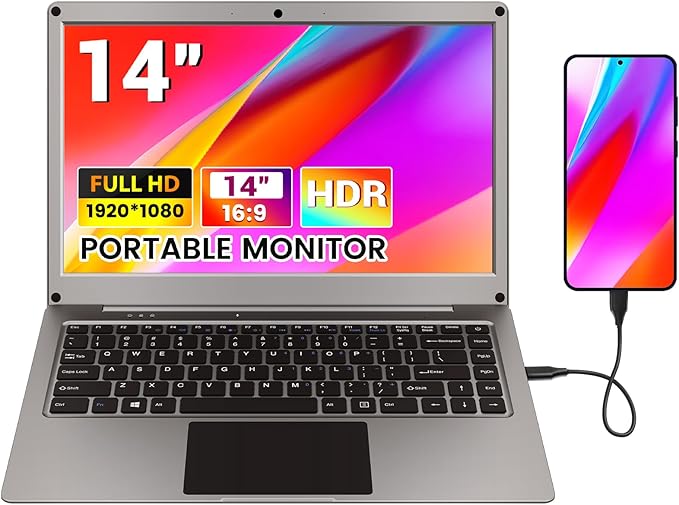 Portable Monitor with Keyboard,14inch 1080P FHD Lapdock Compatible with Mini PC/Phone/PC/Game Console,CrowView Note with RPi5 & Jetson Adapters(Full Feature TypeC & HDMI Cable Included)
