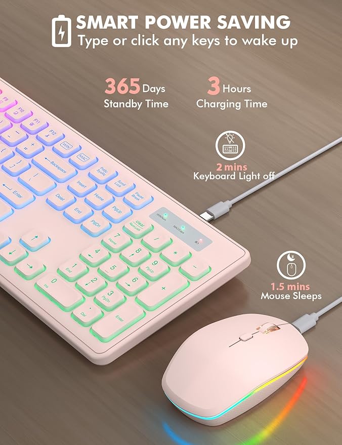 Wireless Keyboard and Mouse Combo - RGB Backlit, Rechargeable & Light Up Letters, Full-Size, Ergonomic Tilt Angle, Sleep Mode, 2.4GHz Quiet Keyboard Mouse for Mac, Windows, Laptop, PC, Trueque, Pink