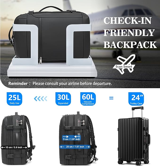 Vacuum Backpack Travel,60L Expandable Vacpack Backpack with Vacuum Pump, Water Resistant &TSA Lock, Easyvacpack Carry On Backpack Flight Approved Fits 17.3" Laptop, Black