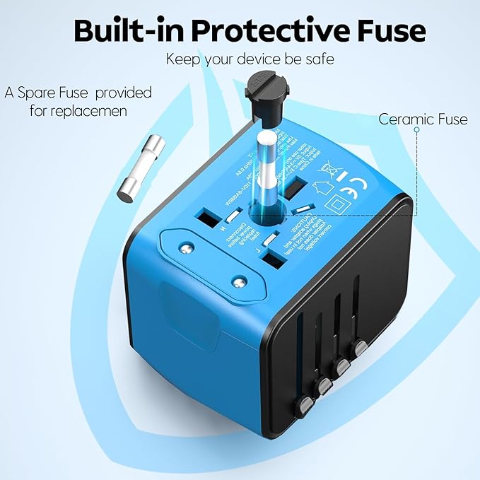 International Travel Adapter Universal Power Adapter Worldwide All in One 4 USB-A Ports Perfect for European US, EU, UK, AU 200+ Countries (Blue)