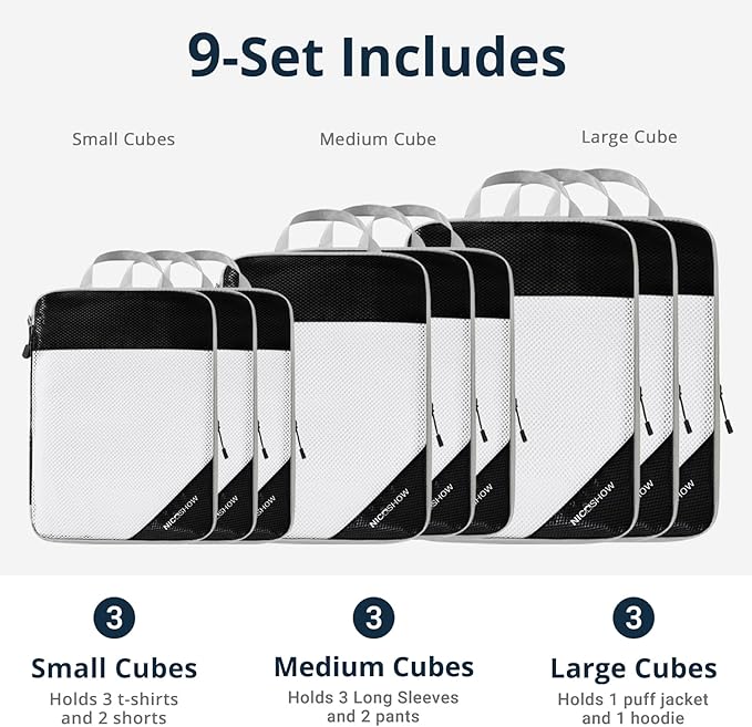 9 Set Compression Packing Cubes for Travel - Compressible, Lightweight, and Space-Saving Packing Cubes, Travel Essentials for Women, Black