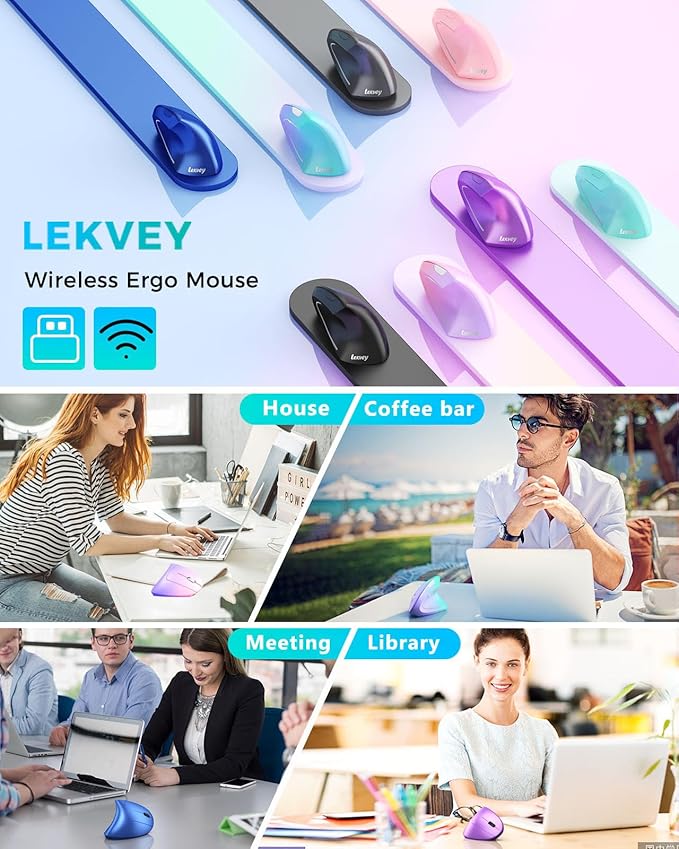 Lekvey Ergonomic Mouse, Vertical Wireless Mouse, Rechargeable 2.4G Optical Carpal Tunnel Mice: 800/1200 / 1600 DPI, 6 Buttons, for Laptop, PC, Computer, Desktop, Notebook etc, Green Purple