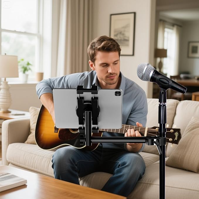 Aluminum Alloy Tablet Holder for Microphone Stand,iPad Music Stand Holder for Microphone,360°Swivel Tilt Adjustable L-Shape Super Crab Clamp Mount,Compatible with 4.7~12.9" iPad/Nexus/e-Reader/iPhone