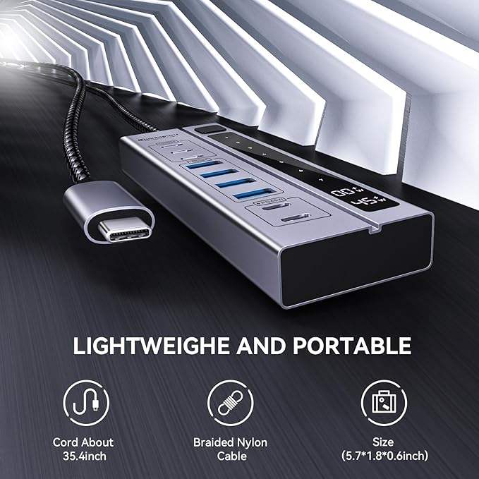 Minisopuru Powered USB C Hub – Support Max 45W Charging with 65W USB-C Power Adapter, 10Gbps, USBC Hub Charging for Meta Quest Pro, Steam, iPad Pro, iPhone, Watch (Not for Monitor)