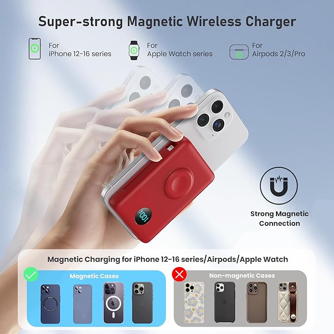 Magnetic Portable Charger for iPhone with Built-in Cables, 6-in-1 10800mAh Power Bank with iWatch Charger & LCD Display,25W Fast Charging Battery Pack for iPhone 16/15/14/13/12,Apple Watch (Red)