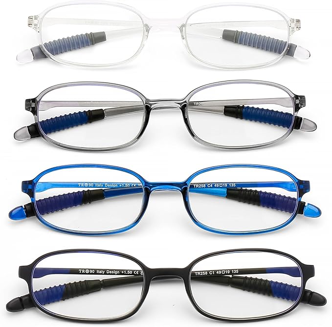 AQWANO 4 Pack Blue Light Blocking Reading Glasses for Men Women, Half Lens Computer Readers, Durable Lightweight TR90 Flexible Frame Eyeglasses Anti Eyestrain (3.5)
