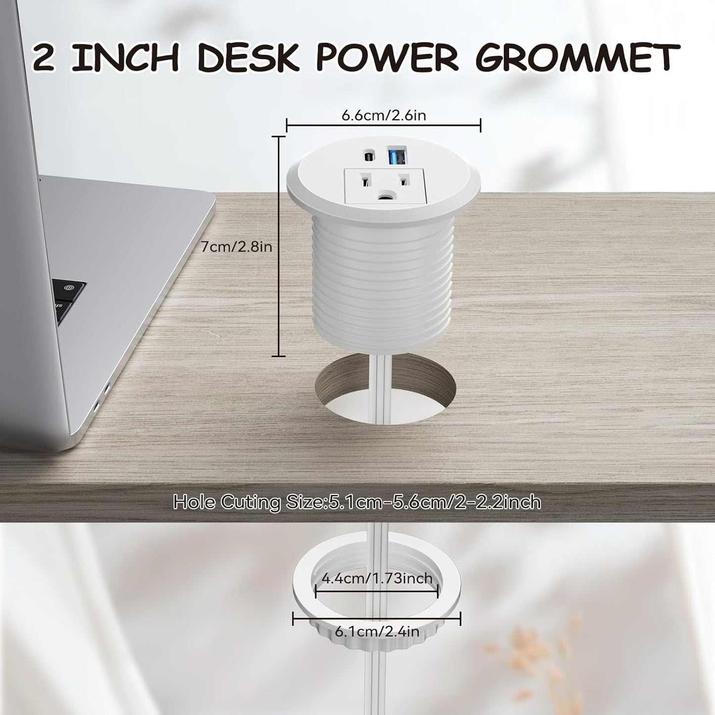 XBA 2inch Desktop Power Grommet, Recessed Power Strip with PD 20W USB C, AC Outlet and 18W USB A Charging Port, Hidden Desk Power Outlets with 6FT Extension Cords for Office, Home, Conference(White)