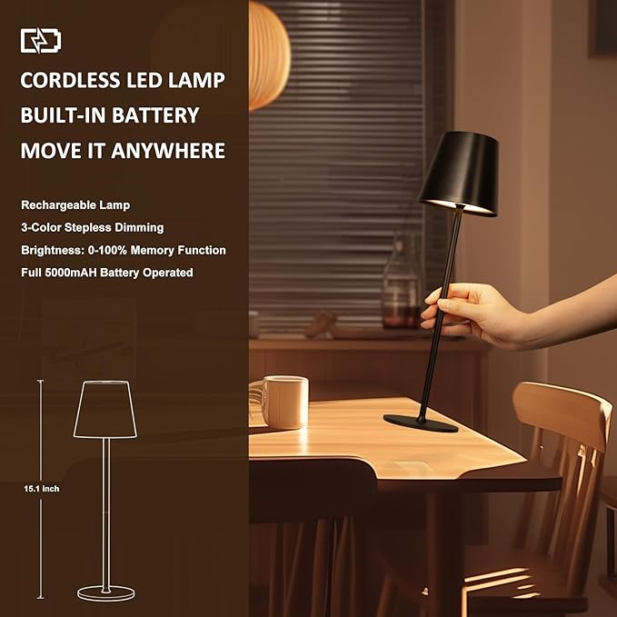 Kakanuo Cordless Table Lamps Pack of 4, Portable LED Battery Operated Lamp, Wireless Rechargeable Lamp, 3 Color Stepless Table Lamp for Restaurant, Bar, Party, Camping and Bedroom - Black