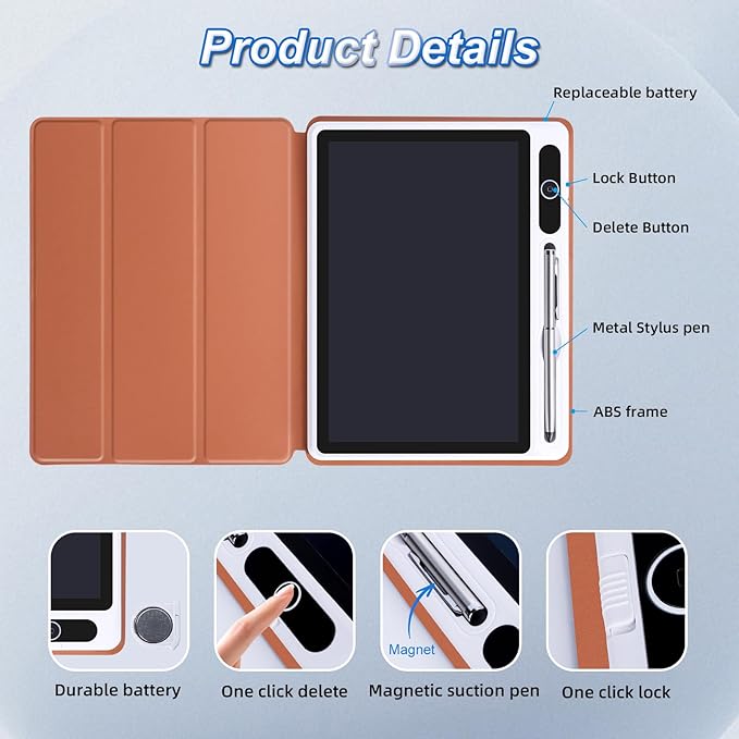 10inch LCD Writing Tablet with PU Protective Cover Electronic Writing Notebook Erasable Drawing Board for Adults at Home Office Work(Brown)