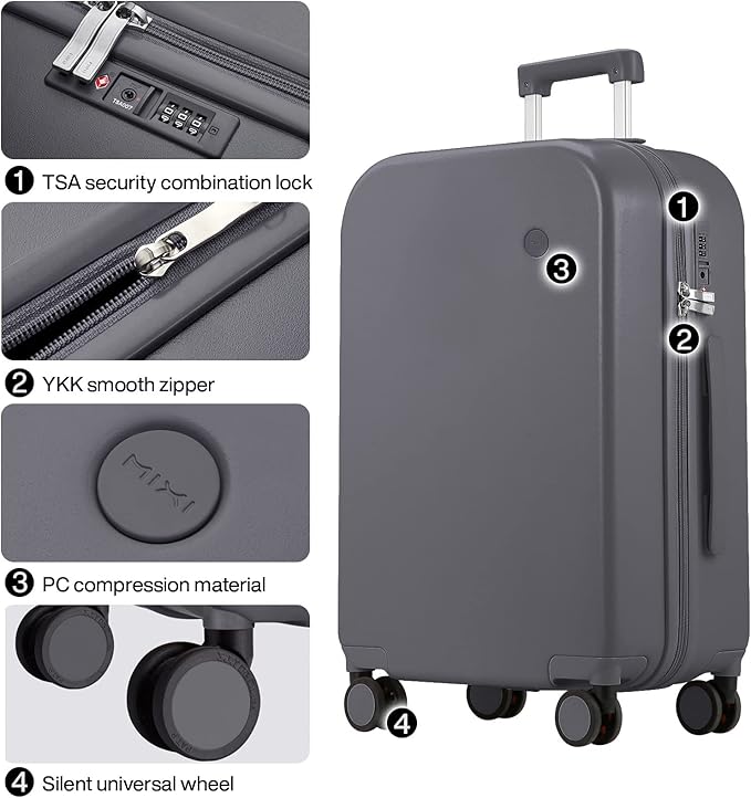 mixi Luggage Suitcase with Spinner Wheels, Hardside Rolling Suitcase PC with Cover & TSA Lock Lightweight Travel Case 28in Checked in, Rock Gray
