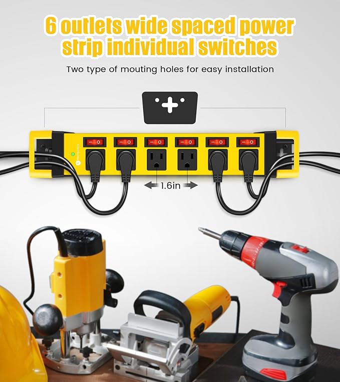 Heavy Duty Power Strip,6 Outlets Metal Power Strip with Individual Switch & Cord Management,Mountable Surge Protector 1200J,15FT Extension Cord(Yellow,15 FT)