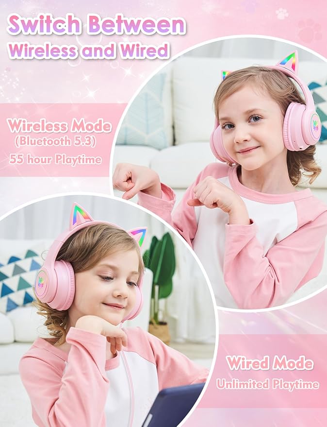 Bluetooth Kids Headphones with Microphone, Cat Ear LED Light Up and 85dB Volume Limiting Toddlers Study Headphones, Wireless Foldable HI-FI sound Over-Ear School Headphones for iPhone/iPad/Laptop/PC