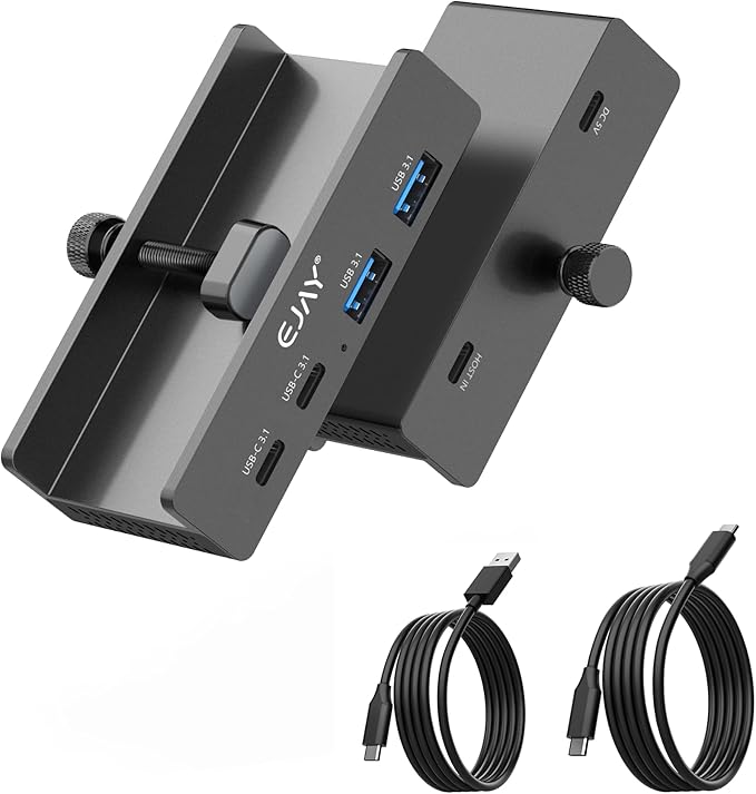 EJAY 4Ports 10Gbps USB-C HUB USB3.2 Clamp USB HUB Splitter,Mountable USB-C Adapter with Data & Power Cable for iMac 2021 and later-10Gbps(JK-2A2C-BK)
