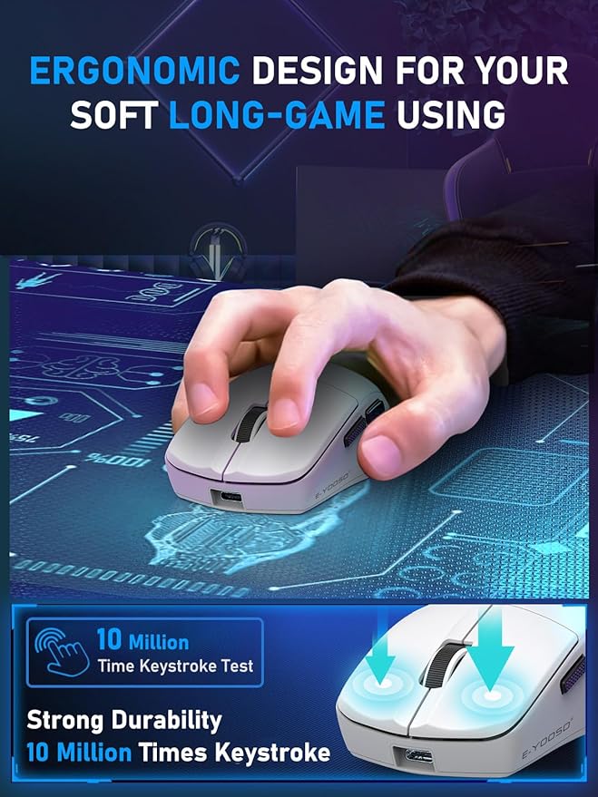 E-YOOSO Lightweight Wireless Gaming Mouse, Tri-Modes Wireless Esports Mouse with 5 Programmable Buttons, 4000 DPI, Long Battery Life, Ultra-Thin Ergonomic Design for PC & Mac Gamers