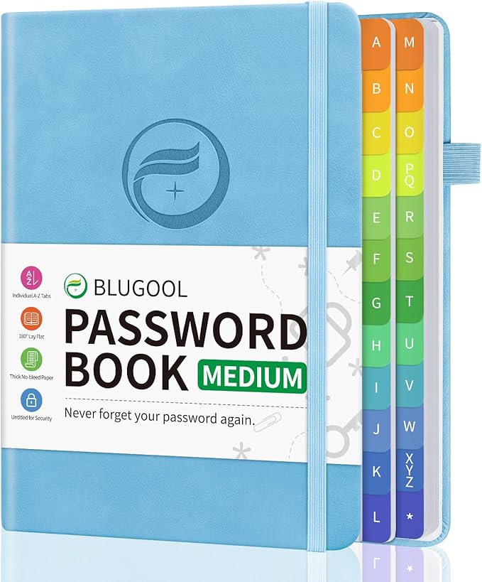 Password Book with Alphabetical Tabs, Password Keeper Book for Seniors, Hardcover Password Notebook for Individual & Colorful Tabs, Password Organizer for Website Logins, 5.3" x 7.7", Blue
