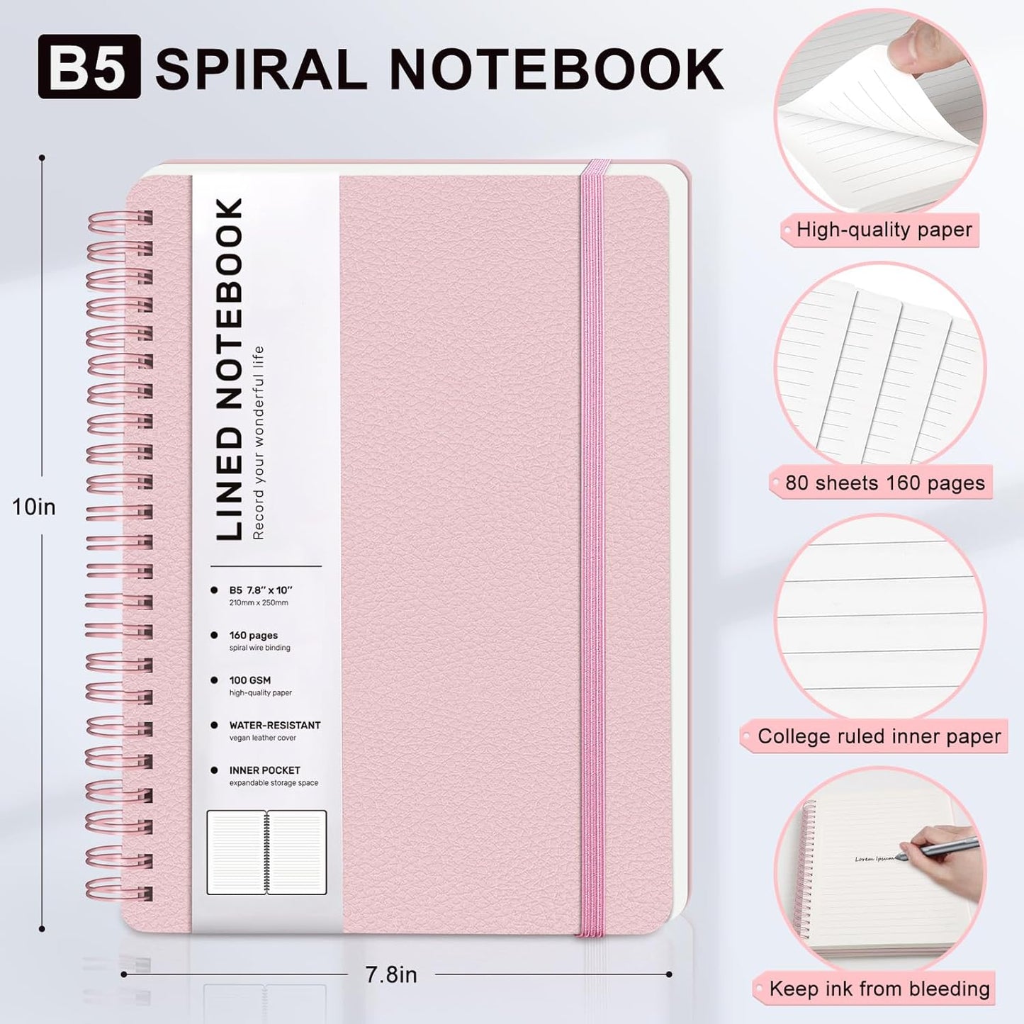 Lined Spiral Journal Notebook, B5 Hardcover Leather Notebook for Work, 7.8''×10'', 100GSM Thick Paper Spiral Bound Journaling Notebooks for Women & Men Office School Note Taking Business, Pink