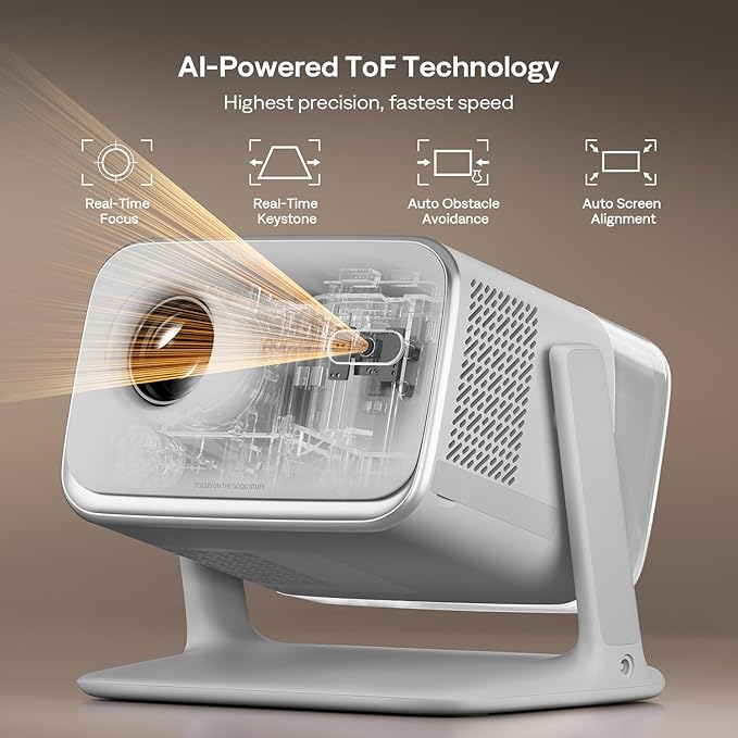 Aurzen BOOM mini Google TV 4K Supported Smart Projector with WiFi and Bluetooth, Outdoor & Home Movie Projector with 20W Speakers DoIby Audio, Real-Time Focus & Keystone, 500 ANSI Lumens, Grey