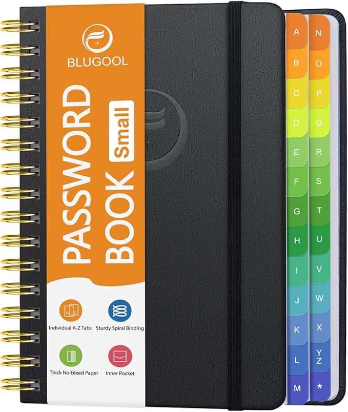 Small Password Book with Alphabetical Tabs, Password Keeper Book for Seniors, Individual & Colorful Tabs, Spiral Hardcover Password Notebook Small for Website Logins, 4.7" x 5.8", Black
