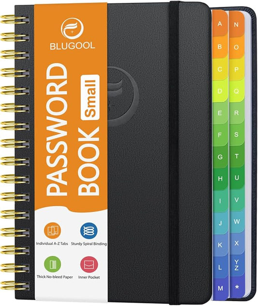 Small Password Book with Alphabetical Tabs, Password Keeper Book for Seniors, Individual & Colorful Tabs, Spiral Hardcover Password Notebook Small for Website Logins, 4.7" x 5.8", Black