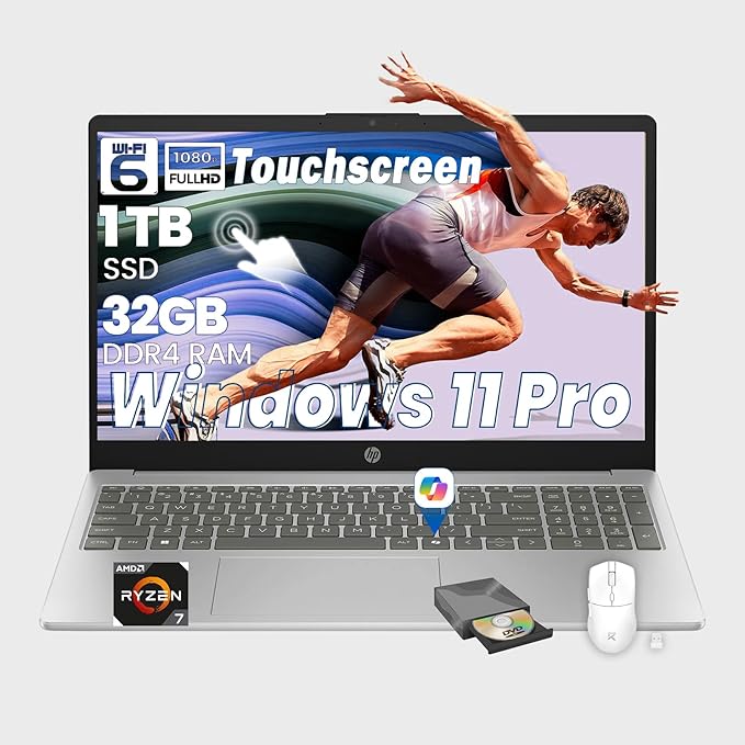 HP Flagship 15.6" Touchscreen Business Laptop, AMD Ryzen 7 7730U, FHD Anti-Glare Display, AMD Radeon GPU, AI Noise Reduction, Lightweight, Copilot, Wi-Fi 6, Win 11 Pro, 32GB RAM, 1TB SSD, Accessories