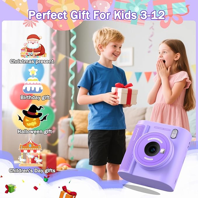 Upgrade Kids Camera Instant Print for Ages 3-12, Portable Instant Print Camera with HD Digital Video, Perfect Christmas Birthday Gift for Boys & Girls, Includes 32GB SD Card - Purple
