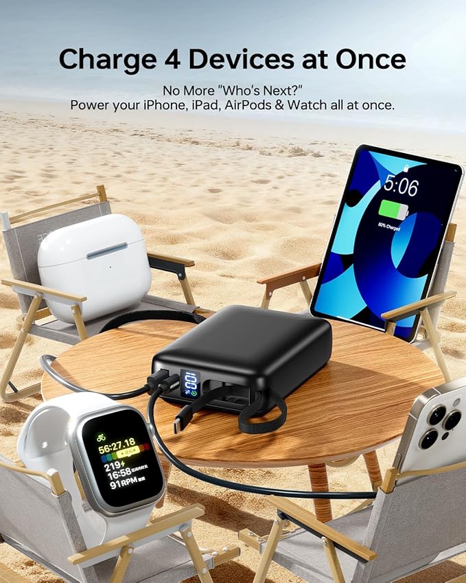 Portable Charger 50000mAh Power Bank, Portable Phone Charger with 2 Built in Cables, 22.5W Fast Charging Travel Essentials Battery Pack for iPhone, iPad, MacBook, Android, Samsung Galaxy etc.