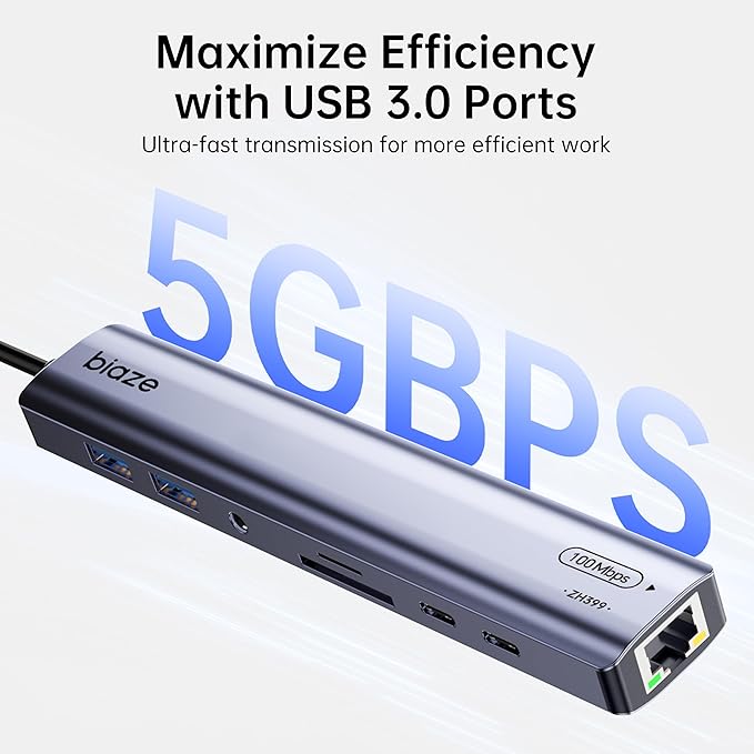 9-in-1 USB/USB C Hub Adapter for MacBook, iPhone,3 USB Ports (2xUSB 3.0, USB 2.0), 100M Ethernet, SD/TF Card Reader, 3.5mm Audio, 2X USB-C Data Ports,No Driver Required