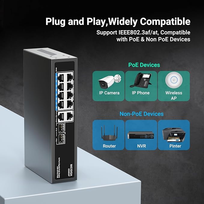 12 Port Gigabit PoE Switch Unmanaged with 8 Port IEEE802.3af/at PoE+@120W, 2 x 1000Mbps Uplink + 2 x 1G SFP, NICGIGA 8 Port Network Power Over Ethernet Switch, Desktop/Wall-Mount.