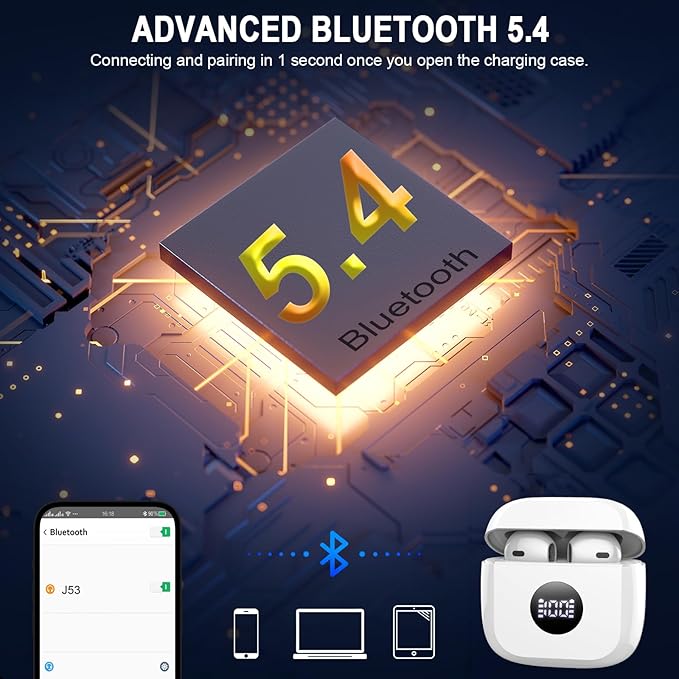 Wireless Earbuds, Bluetooth 5.4 Ear Buds LED Power Display Headphones Bass Stereo, Bluetooth Earbuds in-Ear Noise Cancelling Mic, 40H Playback Mini Case IP7 Waterproof Sports Earphones for Android iOS