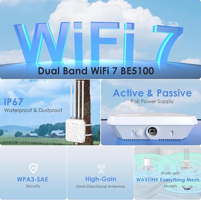 WAVLINK WiFi 7 BE5100 Outdoor WiFi Extender, Dual Band Long-Range Outdoor WiFi Repeater|Access Point|Mesh Router, POE Powered | IP67 Waterproof | 4 x 8dBi Antennas, 2.5 Gbps Ethernet, Up to 2800 sq.ft