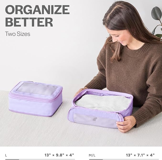 Compression Packing Cubes for Travel - Luggage Organizer Bags - Double Zipper Packing Cubes for Suitcases (2-Pack, Purple)