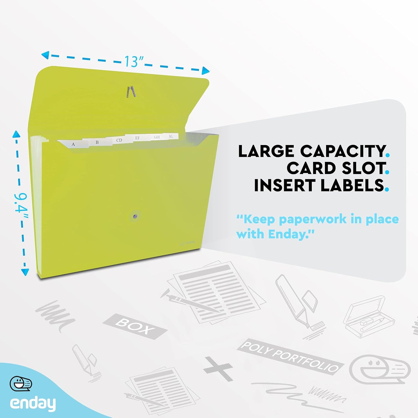 Accordion File Organizer Green, 7 Pocket Expanding File and Cover Folder with Labels, Plastic Portable Desktop Letter A4 Paper, Also Available in Red, Blue, Purple, Pink, Grey, 1 Pc – by Enday