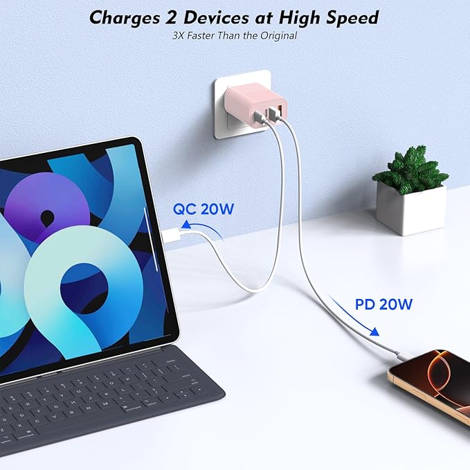 2 Pack USB C Wall Charger,40W Apple iPhone 17 Charger Block 4-Port Multiport PD Power Adapter + QC Wall Plug USBC Fast Charging Block Adapter for iPhone 17/Air/16e/17/16/15 Pro Max/14/13/12/iPad(Pink)