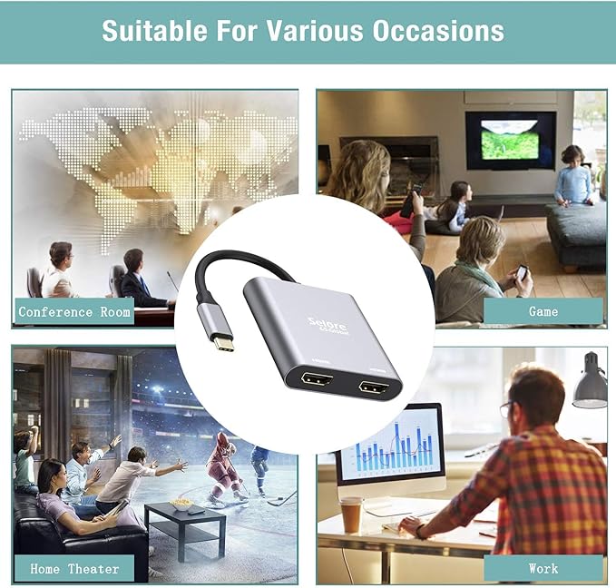 Selore&S-Global USB C to Dual HDMI Adapter 4K @60hz, Type C to HDMI Converter for MacBook Pro Air 2020/2019/2018,LenovoYoga 920/Thinkpad T480,Dell XPS 13/15/17,etc