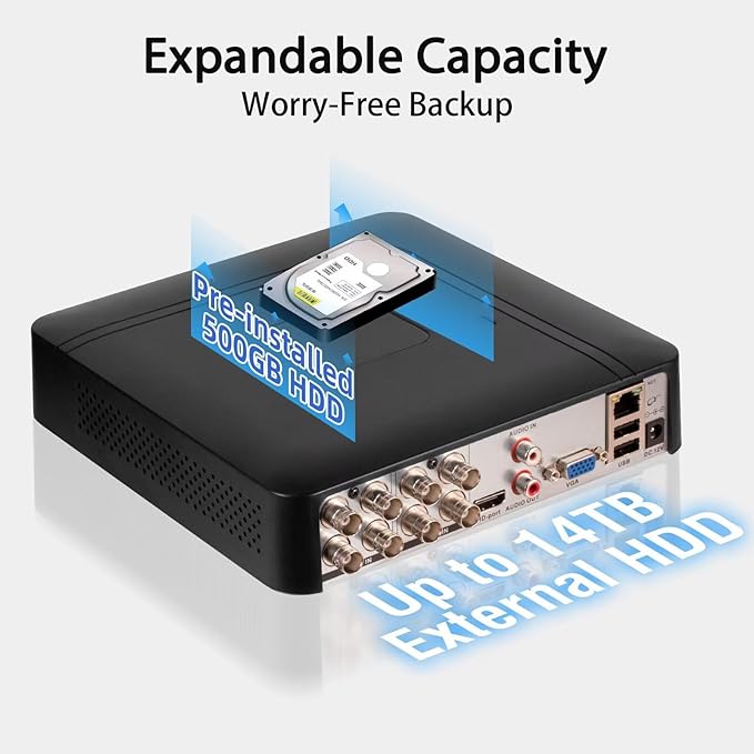 8 Channel Security DVR Recorder with 500G HDD, 8CH Hybrid 6-in-1 CCTV DVR for Surveillance Camera, Supports 8CH Analog Cameras, DVR for Security Camera Home Surveillance System, Mobile APP & PC Remote