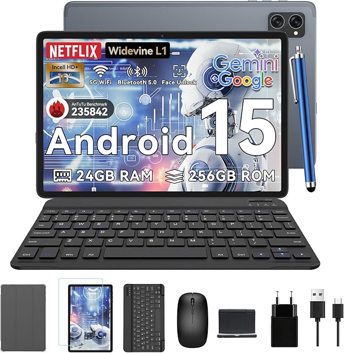 Tablet 10 inch,Android 15 Tablet–Gemini AI,24GB RAM+256GB ROM+2TB,Keyboard & Pen Bundle,Octa-Core, Widevine L1,5G WiFi,Bluetooth 5.0,Smat Lens,5-Year Warranty-Grey