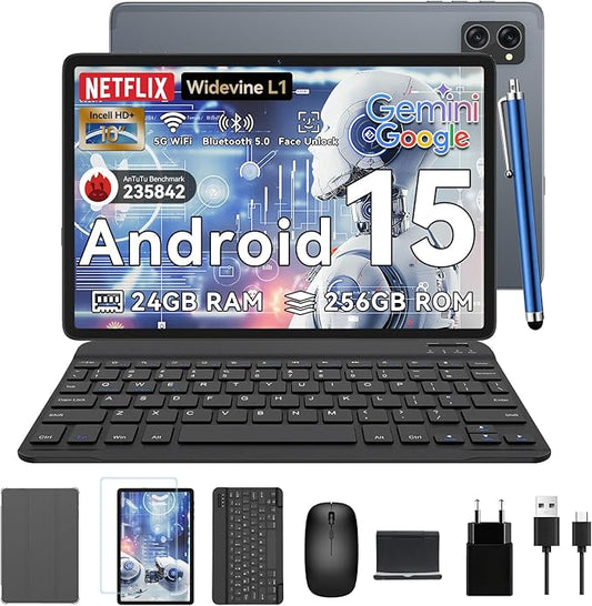 Tablet 10 inch,Android 15 Tablet–Gemini AI,24GB RAM+256GB ROM+2TB,Keyboard & Pen Bundle,Octa-Core, Widevine L1,5G WiFi,Bluetooth 5.0,Smat Lens,5-Year Warranty-Grey