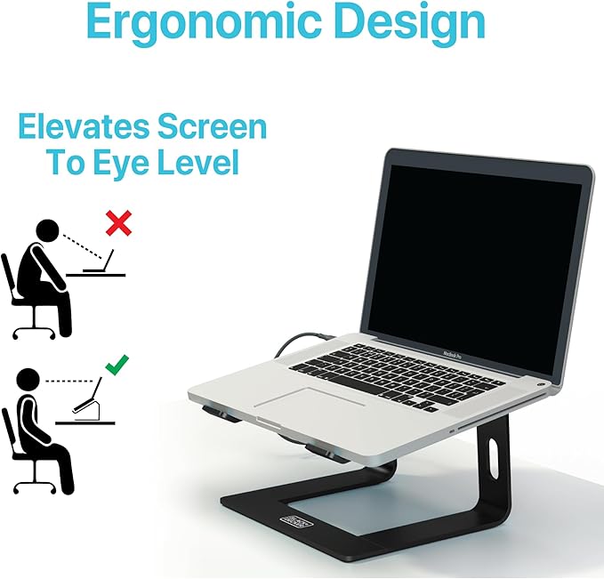 BLACK+DECKER Laptop Stand for Computer Desk, Ergonomic Laptop Stand for Desk, Lap top Riser Compatible with MacBook Notebook, Lap top Holder, Durable Aluminum Computer Riser Accessories, Black
