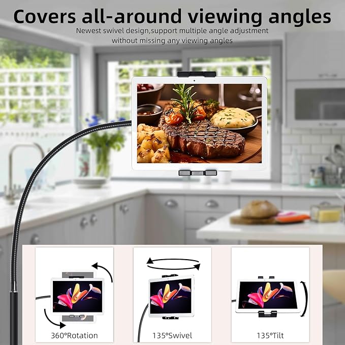 wishacc Tablet Floor Stand with Adjustable Gooseneck Mount, Swivels and Wheels for Bedside, Compatible with iPad, Galaxy Tab, Kindle and Phones