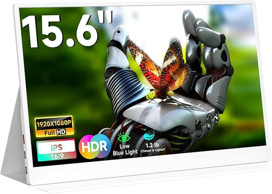 QAF 15.6 Inch Portable Monitor for Laptop, FHD 1080P USB-C HDMI 100% sRGB HDR IPS Display, Ultra-Thin Travel Second Screen Compatible with Laptop Mac PC Phone PS5 Xbo Switch, Built-in Speakers (White)