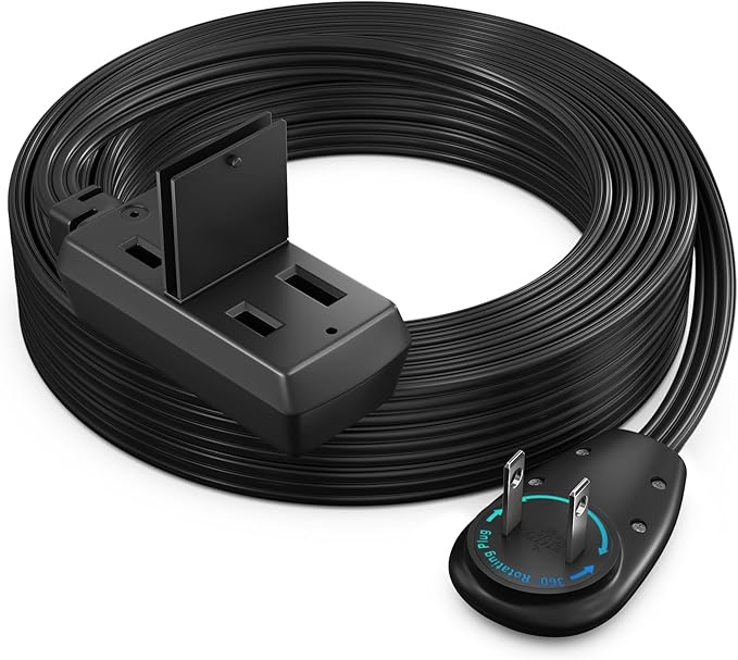 Maximm 15 Ft Extension Cord, 2 Prong, 360° Rotating Flat Plug, UL Certified, Black – Space-Saving Indoor Power Cord for Tight Spaces, Polarized