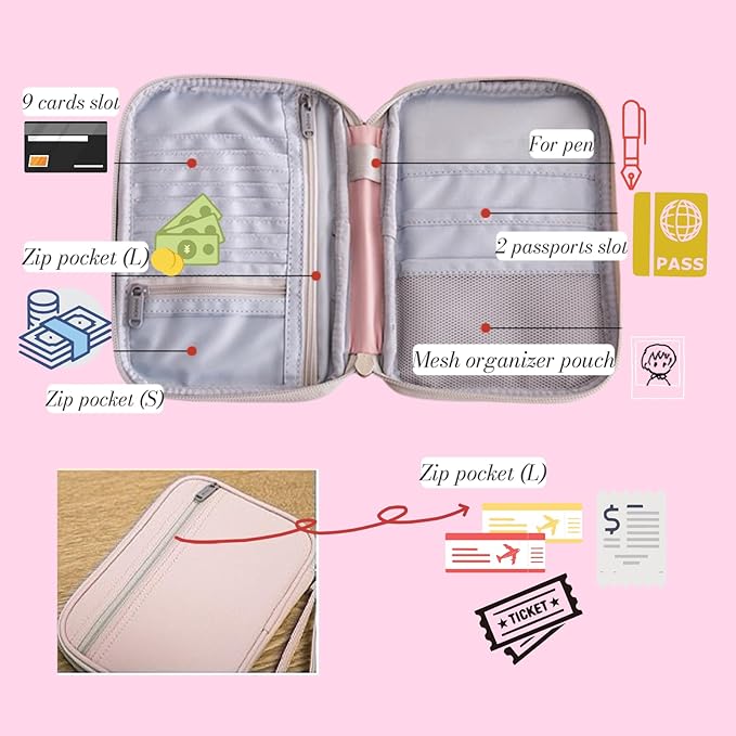 P-H1 Travel Family Passport Holder RFID Blocking Passport Waterproof Wallets for Men Women Travel Document Organizer Cards Case, Lightweight Portable Passport Cover with Zipper Pocket (Pink)