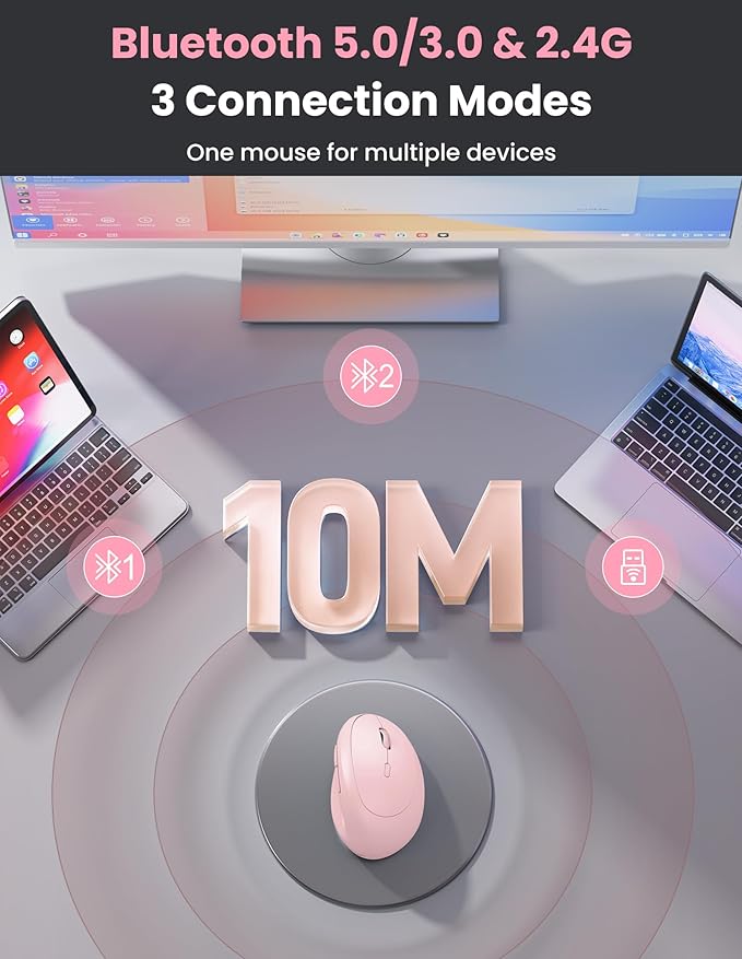 TECKNET Ergonomic Mouse, Bluetooth Wireless Vertical Mouse, Rechargeable Battery, Quiet Clicks, 4800 DPI Adjustable, BT5.0/3.0 & 2.4G Connect, Easy to use, Wide Compatibility - Pink