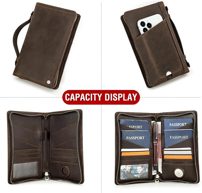 Top Grain Leather Travel Passport Wallet Holder Case for Man & Woman, Handmade for 4 Passports & Multi Cards, RFID Blocking Large Capacity for Cards/Passports/Tickets/AirTag, Matte Coffee