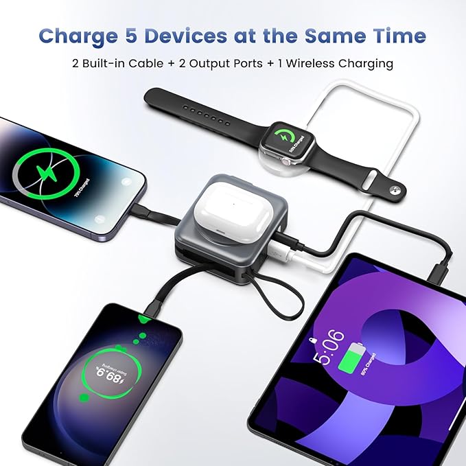 for Magsafe Portable Charger with AC Wall Plug, 6-in-1 Magnetic Wireless Power Bank 10000mAh Built-in Cables, 22.5W Type-C in&Out Fast Charging Battery Pack for iPhone 16/15/14/13/12 Series, Gray