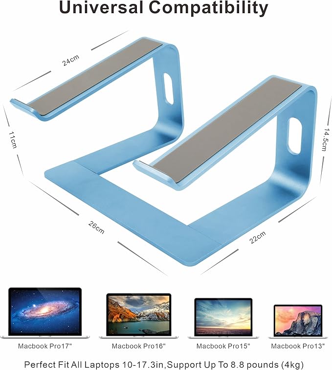 Ergonomic Aluminum Laptop Mount - Detachable Riser Stand Compatible with MacBook Pro/Air HP Lenovo Samsung Dell, All 10-17.3" Laptops (Sky Blue)